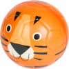 Ein orangefarbener Ball mit einem fröhlichen Tigergesicht und schwarzen Streifen.