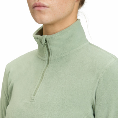 Damen-hellgrüner Fleecepullover mit Stehkragen und kurzem Reißverschluss.