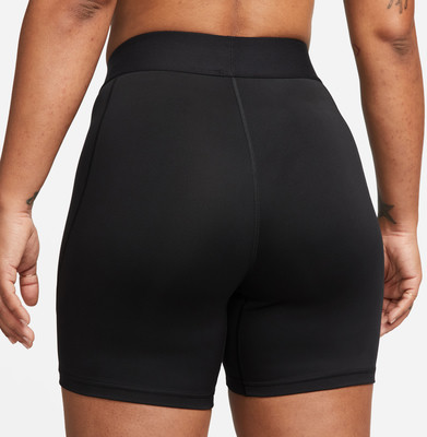 Schwarze Damen-Shorts mit hohem Bund, von hinten gezeigt. Schwarze Damen-Shorts mit hohem Bund, von hinten gezeigt.
