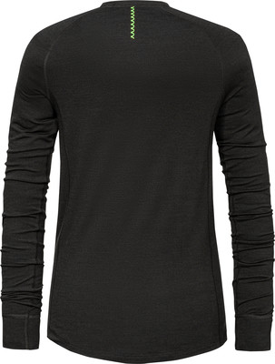Schwarzes Langarmshirt mit grünem Zierstepp auf dem Rücken. Schwarzes Langarmshirt mit grünem Zierstepp auf dem Rücken.