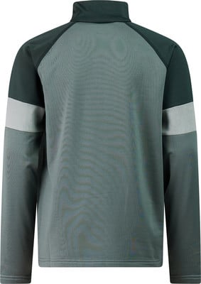 Rückseite eines dunkelgrünen Pullovers mit langen Ärmeln und Farbstreifen.