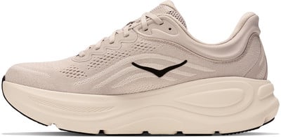 Ein beiger Laufschuh mit schwarzem Logo und dicker Sohle. Ein beiger Laufschuh mit schwarzem Logo und dicker Sohle.