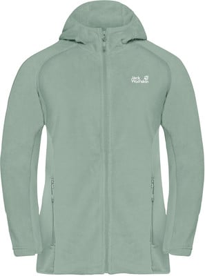 Hellgrüne Fleecejacke mit Kapuze und Jack Wolfskin Logo. Hellgrüne Fleecejacke mit Kapuze und Jack Wolfskin Logo.