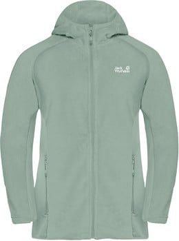 Hellgrüne Fleecejacke mit Kapuze und Jack Wolfskin Logo.