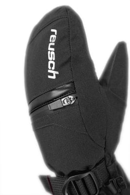 Schwarze Reusch Skihandschuhe mit Reißverschluss und Markenlogo. Schwarze Reusch Skihandschuhe mit Reißverschluss und Markenlogo.