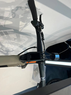 Detail des E-Bike-Lenkers mit Display und Bremshebel.