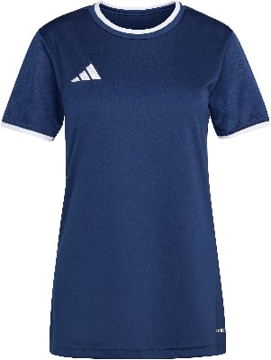 Dunkelblaues Adidas-Trikot mit weißem Logo und Besatz an Ärmeln und Kragen. Dunkelblaues Adidas-Trikot mit weißem Logo und Besatz an Ärmeln und Kragen.