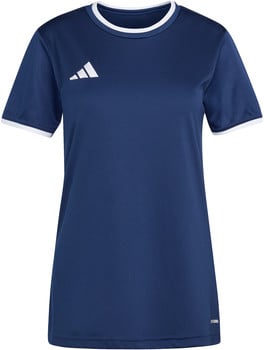 Dunkelblaues Adidas-Trikot mit weißem Logo und Besatz an Ärmeln und Kragen.