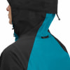 Detail einer Jacke mit Kapuze, schwarz und türkis.