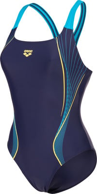 Dunkelblaue Arena-Badeanzug für Damen mit blauen und gelben Streifen. Dunkelblaue Arena-Badeanzug für Damen mit blauen und gelben Streifen.