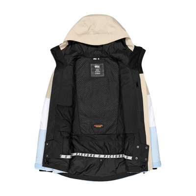 Die Innenseite einer beigen Skijacke mit schwarzem Futter und Taschen. Die Innenseite einer beigen Skijacke mit schwarzem Futter und Taschen.