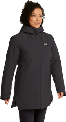 Schwarze Damenjacke mit Kapuze und Markenlogo auf der Brust. Schwarze Damenjacke mit Kapuze und Markenlogo auf der Brust.
