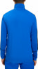 Rückansicht einer blauen Sportjacke mit weißem und schwarzem Streifen am Ärmel.
