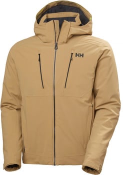 Herren-Beige-Jacke mit Kapuze und schwarzem Helly Hansen-Logo auf der Brust.