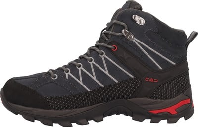 Bequeme dunkelgraue Wanderschuhe mit roten Details und CMP-Logo. Bequeme dunkelgraue Wanderschuhe mit roten Details und CMP-Logo.