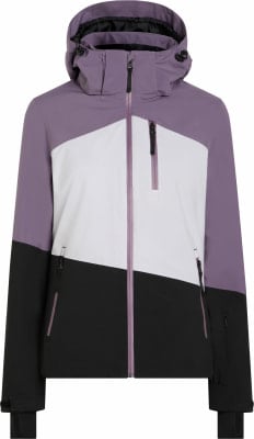 Damen-Skijacke mit Farbblockdesign in Lila, Weiß und Schwarz.