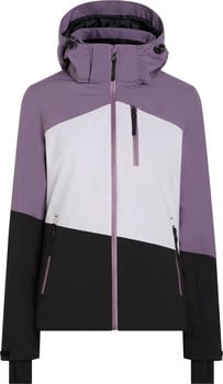 Damen-Skijacke mit Farbblockdesign in Lila, Weiß und Schwarz.