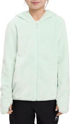 Mädchen in einem mintgrünen Fleece-Kapuzenpullover mit Reißverschluss und schwarzer Hose. Mädchen in einem mintgrünen Fleece-Kapuzenpullover mit Reißverschluss und schwarzer Hose.