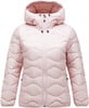 Eine rosa Daunenjacke mit Kapuze und Wellensteppung.