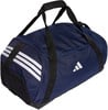 Eine dunkelblaue Adidas Sporttasche mit drei weißen Streifen und Logo.