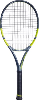 Tennisschläger mit dunkelblauem Rahmen und gelben Akzenten.