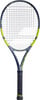 Tennisschläger mit dunkelblauem Rahmen und gelben Akzenten.