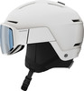 Weißer Salomon Skihelm mit integrierter Skibrille und verstellbarer Belüftung.