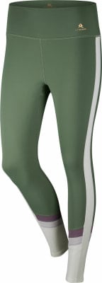 Grüne Leggings mit weißem Streifen und farbigem Saum.