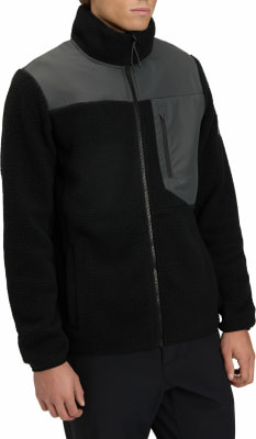 Schwarze Fleecejacke mit grauen Einsätzen und Reißverschluss, Stehkragen.