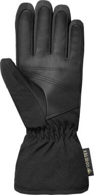 Schwarze Lederhandschuhe mit Nähten und elastischem Bund, mit Gore-Tex-Logo. Schwarze Lederhandschuhe mit Nähten und elastischem Bund, mit Gore-Tex-Logo.