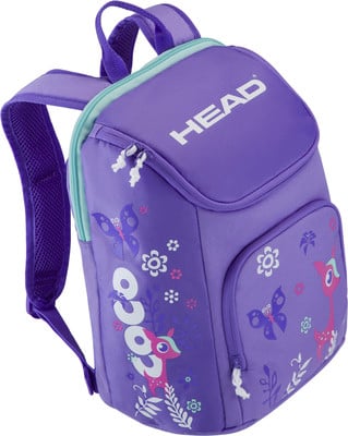 Lila Rucksack mit Schmetterlings- und Rehmotiv mit HEAD und COCO Schriftzug. Lila Rucksack mit Schmetterlings- und Rehmotiv mit HEAD und COCO Schriftzug.