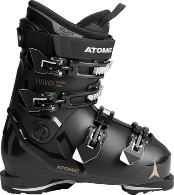 Ein schwarzer Atomic Hawx Magna R85X Skischuh mit verstellbaren Schnallen und Logo. Ein schwarzer Atomic Hawx Magna R85X Skischuh mit verstellbaren Schnallen und Logo.