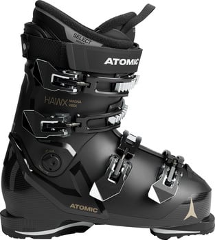 Ein schwarzer Atomic Hawx Magna R85X Skischuh mit verstellbaren Schnallen und Logo.