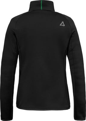 Schwarze Jacke mit Logo und grünen Nähten am Kragen. Schwarze Jacke mit Logo und grünen Nähten am Kragen.