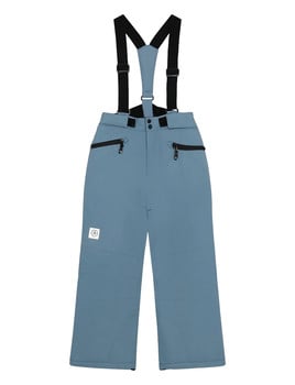 Blaue Skihose mit schwarzen Hosenträgern und Reißverschlusstaschen.