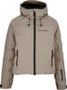 Beige Daunenjacke mit Kapuze und schwarzem Reißverschluss, mit Active Rebel Logo.