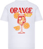 Weißes T-Shirt mit dem Aufdruck eines Glases mit Getränk und Orangen.