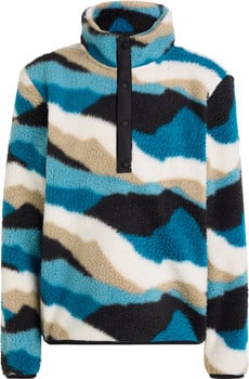 Fleecejacke mit buntem Bergmuster und Druckknöpfen.