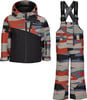 Kinder-Winterjacke und Latzhose mit Tarnmuster in Braun-, Grau- und Blautönen.