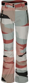 Damenhose mit buntem abstraktem Muster und Reißverschlüssen an den Taschen.