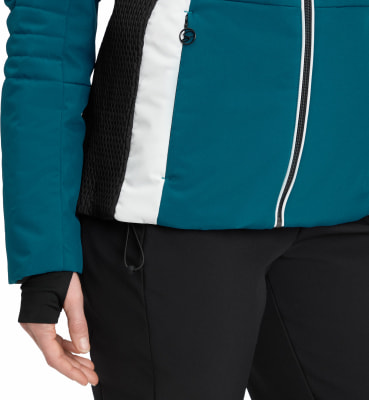 Blaue Jacke mit schwarzen und weißen Streifen, Reißverschluss und Kordelzug in der Taille. Blaue Jacke mit schwarzen und weißen Streifen, Reißverschluss und Kordelzug in der Taille.
