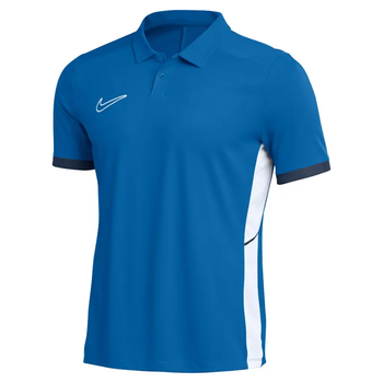 Blaues Nike Poloshirt mit weißem Logo und Seitenpaneelen.