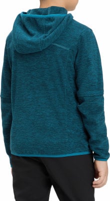 Rückansicht eines Jungen im türkisfarbenen Fleece-Kapuzenpullover und schwarzer Hose. Rückansicht eines Jungen im türkisfarbenen Fleece-Kapuzenpullover und schwarzer Hose.