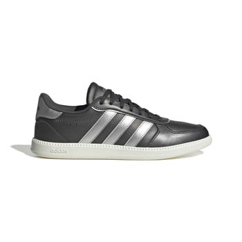 Női sötétszürke Adidas cipő metál ezüst csíkokkal és fehér talppal.