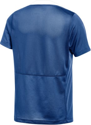 Rückansicht eines blauen Kurzarm-T-Shirts mit Netzstruktur. Rückansicht eines blauen Kurzarm-T-Shirts mit Netzstruktur.