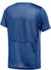 Rückansicht eines blauen Kurzarm-T-Shirts mit Netzstruktur.