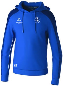 Ein blauer Kapuzenpullover mit Brustlogo und NR-Aufdruck.