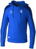 Ein blauer Kapuzenpullover mit Brustlogo und NR-Aufdruck.