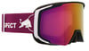Skibrille mit violettem Band und Bullenlogo, verspiegelte Scheibe.