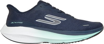 Ein dunkelblauer Skechers Slip-ins Laufschuh mit weißem Logo und hellblauer Sohle. Ein dunkelblauer Skechers Slip-ins Laufschuh mit weißem Logo und hellblauer Sohle.